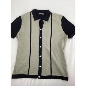 PJ Paul Jones Mens XL Knit Polo Shirt Sage Green Black Vertical Stripe Button Up